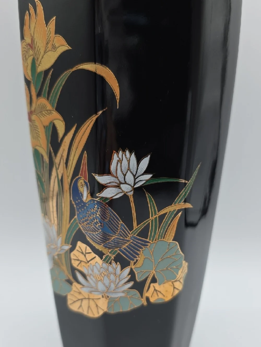 Large Black Porcelain Vase with Gold and Floral Detail | Vintage